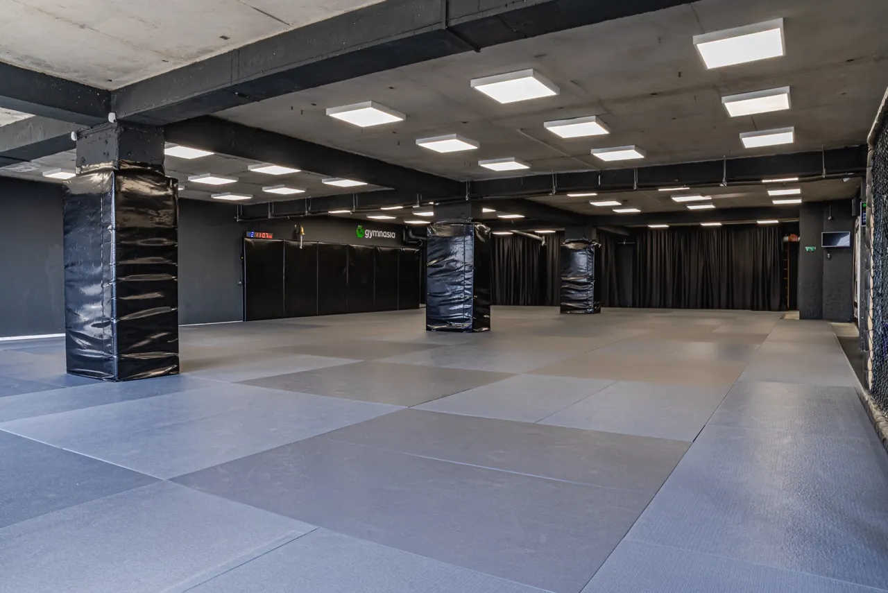 The main grappling hall at Gymnasia, Tbilisi — over 200 square metres of mats